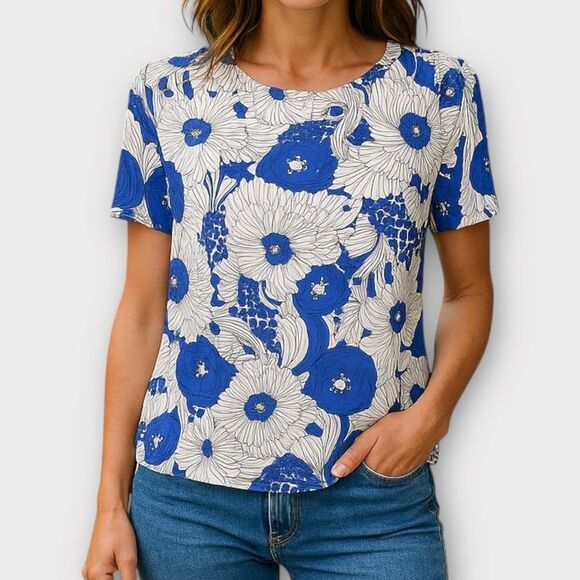 Talbots Blue White Floral Blouse Top Size MP - Picture 1 of 5